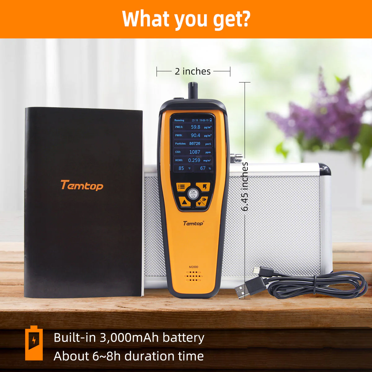 Temtop M2000 2. CO2 air quality monitor for PM2.5 PM10 particles CO2 HCHO, temperature and humidity display, data export - Image 12