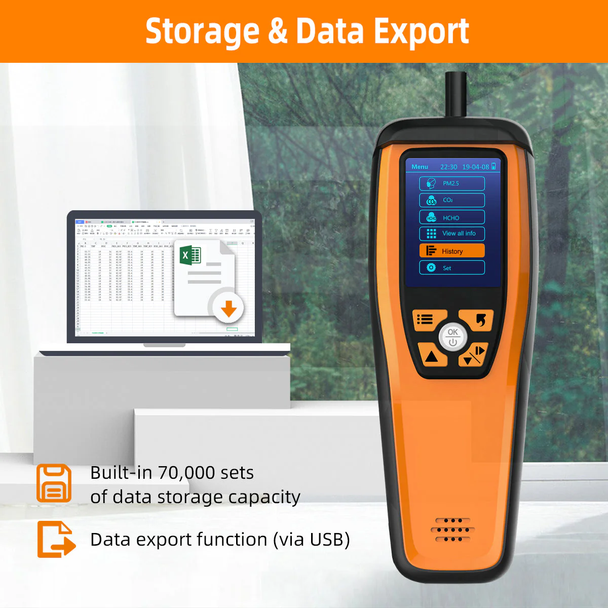 Temtop M2000 2. CO2 air quality monitor for PM2.5 PM10 particles CO2 HCHO, temperature and humidity display, data export - Image 3