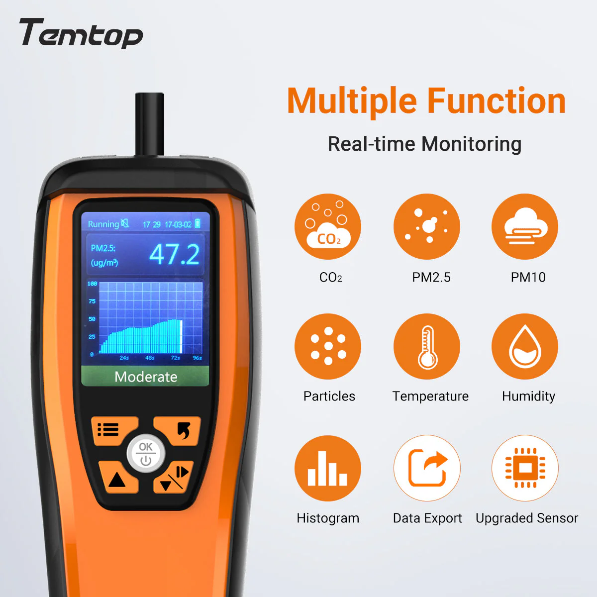 Temtop M2000C 2. CO2 air quality monitor for CO2 PM2.5 PM10 particles, temperature and humidity display, data export - Image 2