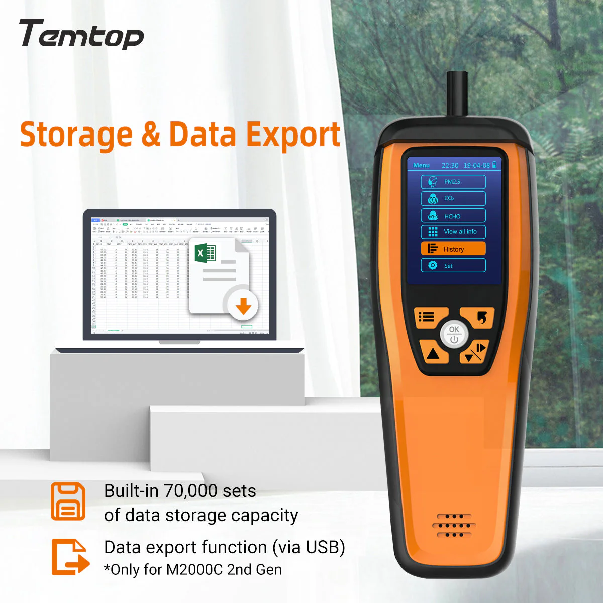 Temtop M2000C 2. CO2 air quality monitor for CO2 PM2.5 PM10 particles, temperature and humidity display, data export - Image 3