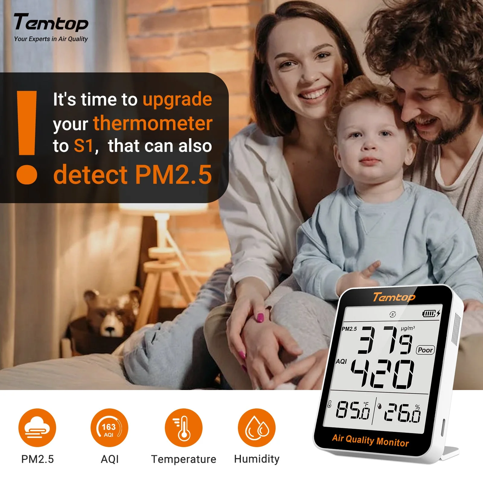 Temtop S1 Indoor Air Quality Meter Temperature & Humidity AQI PM2.5 Monitor with Accurate Sensor - Image 2